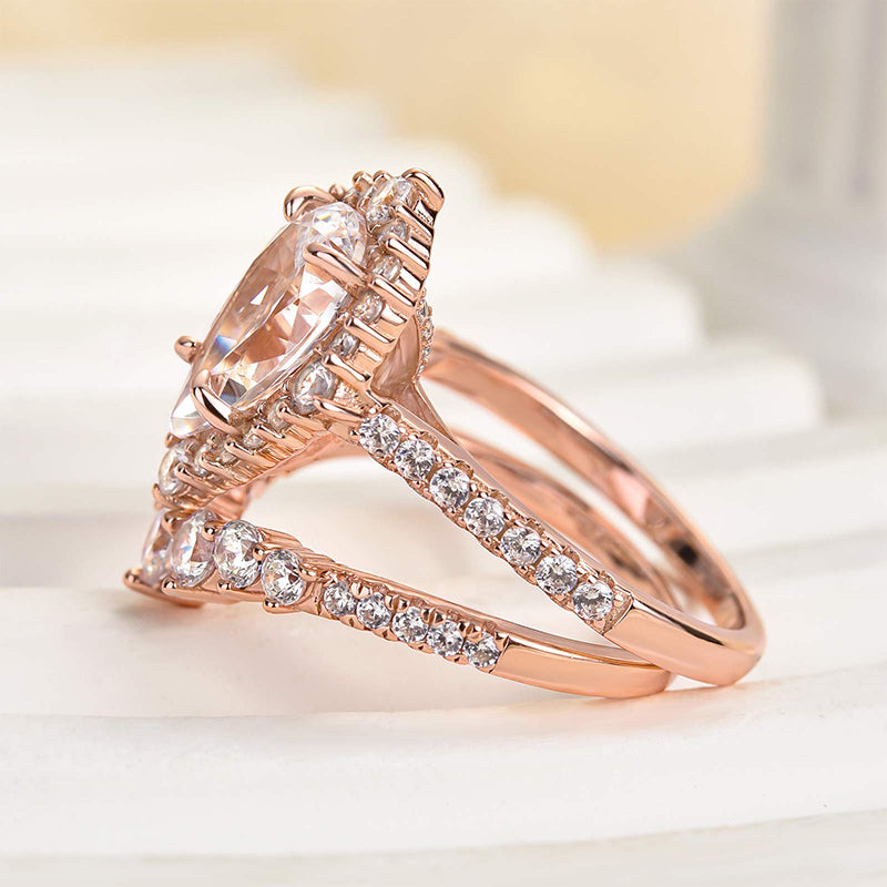 Elegant Rose Gold 2.2 Carat Halo Pear Cut Bridal Ring Set In Sterling Silver