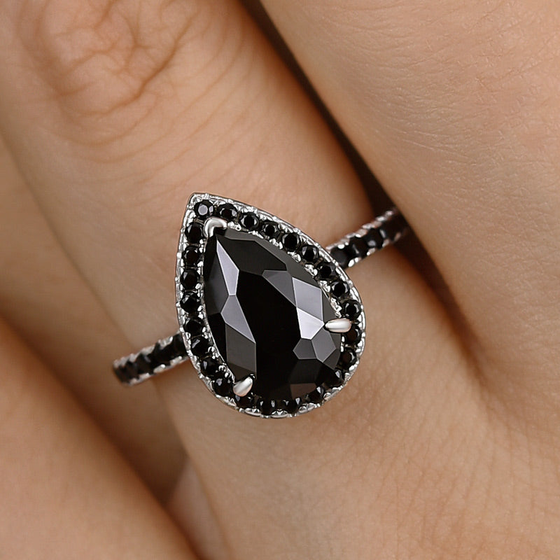 Halo Pear Cut Black Diamond Engagement Ring In Sterling Silver
