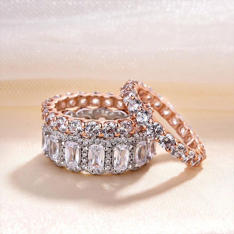Stunning Cushion Cut 3PC Wedding Band Set For Women In Sterling Silver