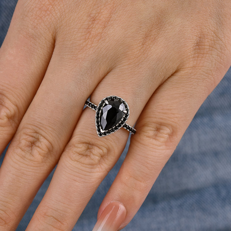 Halo Pear Cut Black Diamond Engagement Ring In Sterling Silver