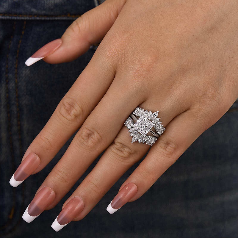 Ahabobo Vintage Square Princess Cut Insert Ring Set For Women