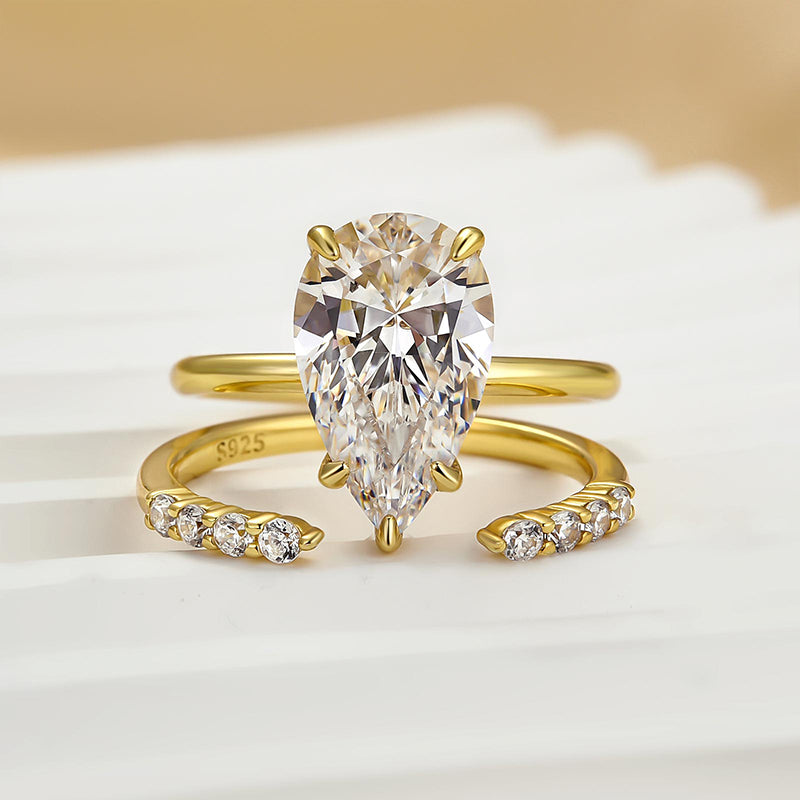 Ahabobo Classic Yellow Gold Pear Cut Wedding Ring Set In Sterling Silver