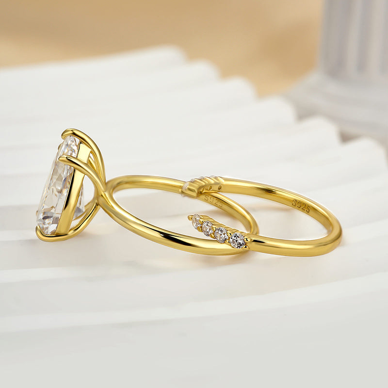 Ahabobo Classic Yellow Gold Pear Cut Wedding Ring Set In Sterling Silver