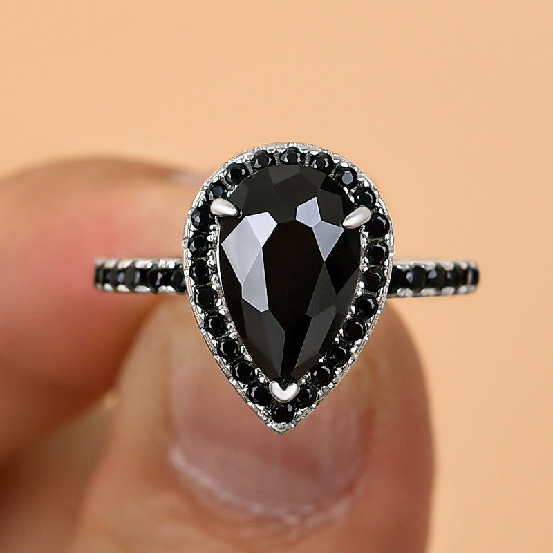 Halo Pear Cut Black Diamond Engagement Ring In Sterling Silver