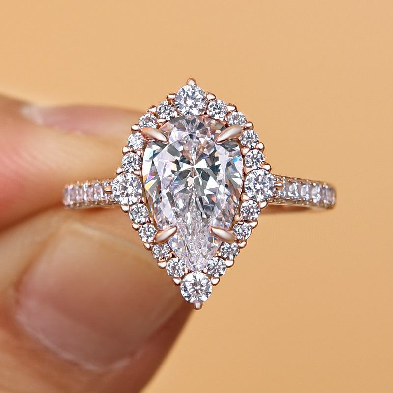Stunning Yellow Gold Halo Pear Cut Elegant Engagement Ring In Sterling Silver