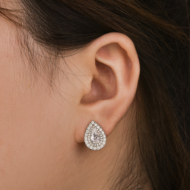 1.0Ct Dainty Halo Pear Cut Stud Earrings In Sterling Silver