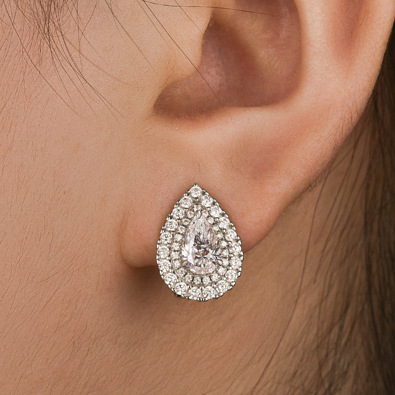 1.0Ct Dainty Halo Pear Cut Stud Earrings In Sterling Silver