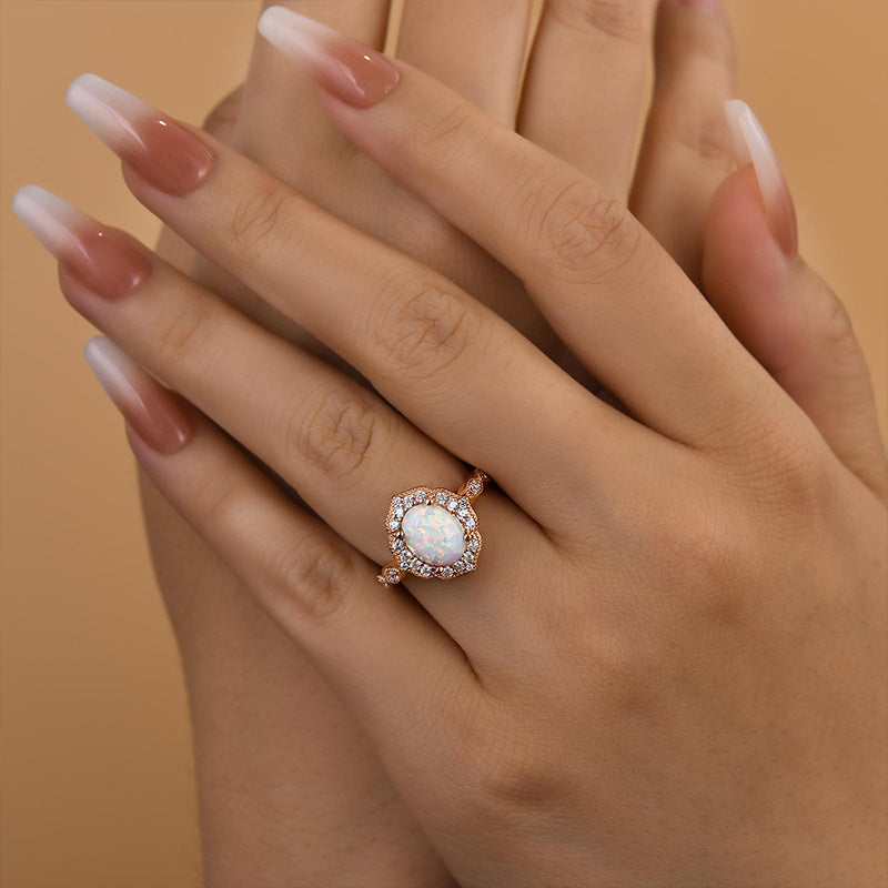 Vintage Rose Gold Oval Cut Opal Engagement Ring In Sterling Silver