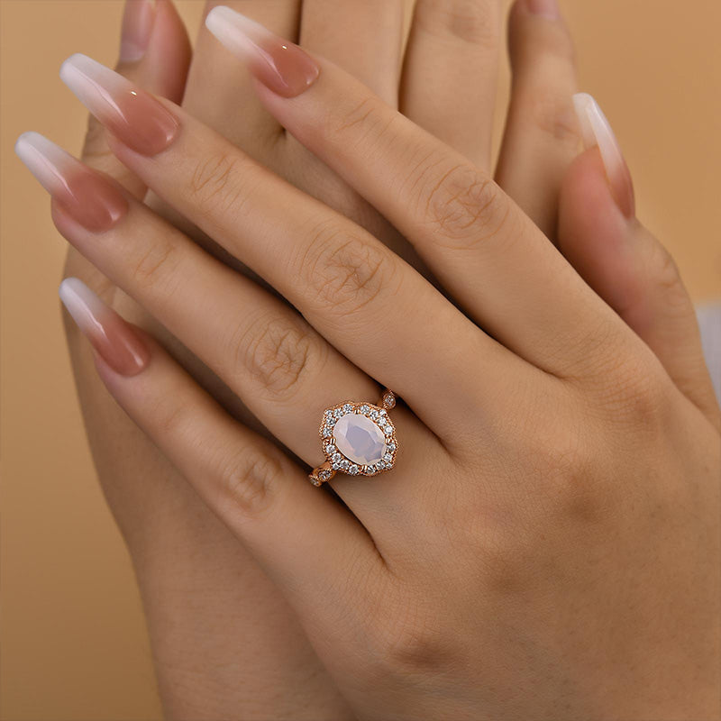 Rose Gold Oval Cut Moonstone Engagement Ring In Sterling Silver
