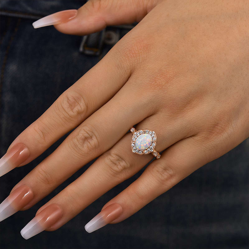 Vintage Rose Gold Oval Cut Opal Engagement Ring In Sterling Silver