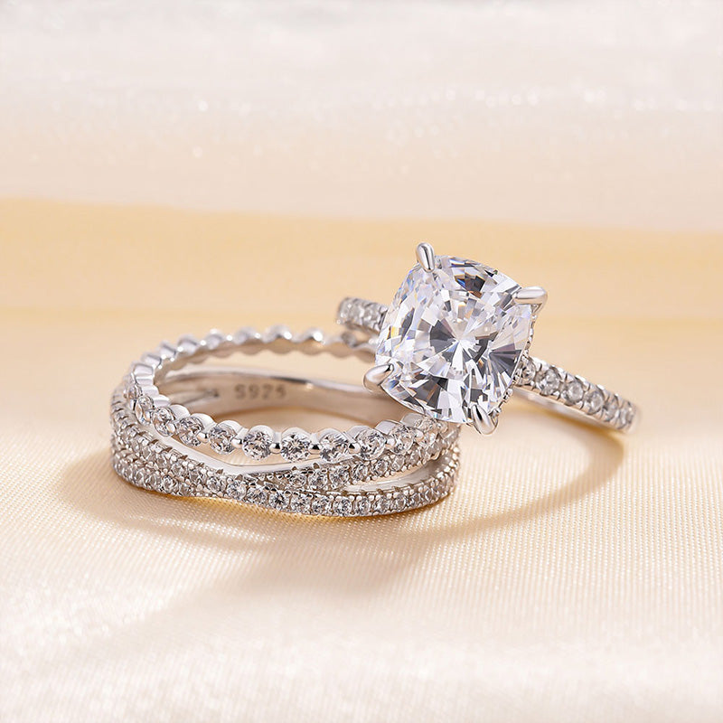 Stunning Cushion Cut 3PC Wedding Ring Set In Sterling Silver