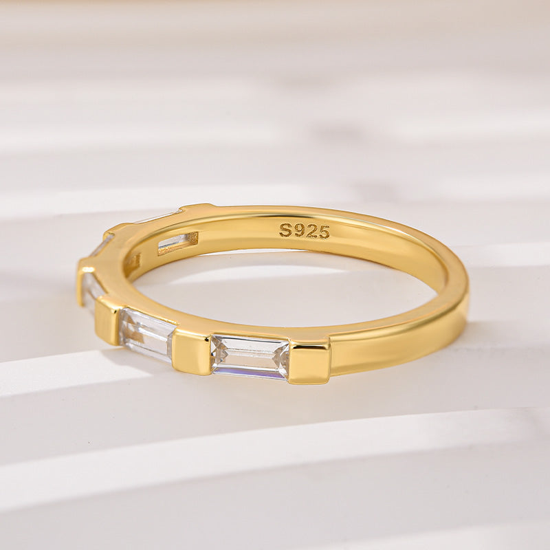 Noble Emerald Cut Yellow Gold Half Wedding Band In Sterling Silver