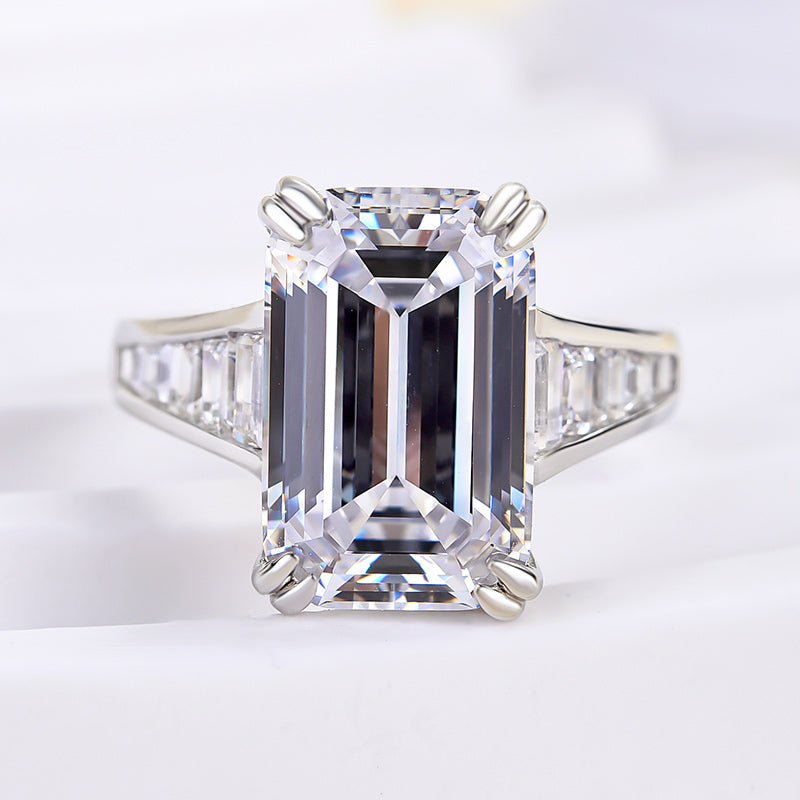 Luxury Big Emerald Cut Engagement Ring In Sterling Silver