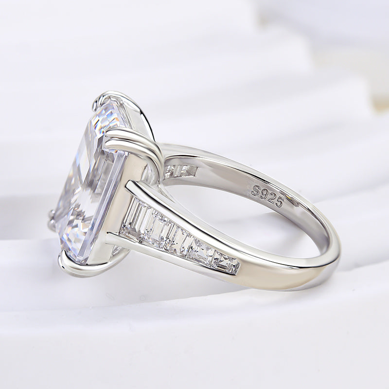 Luxury Big Emerald Cut Engagement Ring In Sterling Silver
