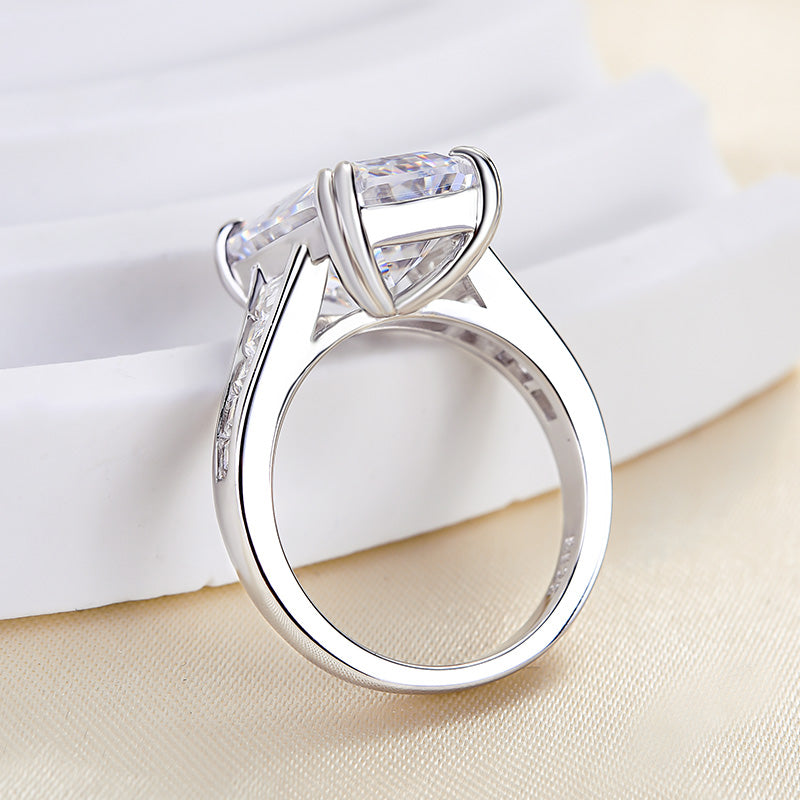 Luxury Big Emerald Cut Engagement Ring In Sterling Silver