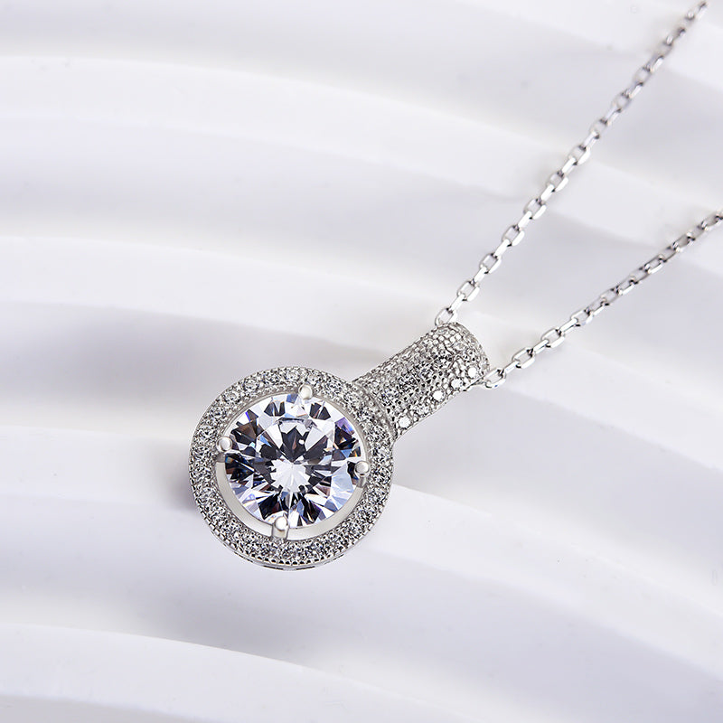 2.0Ct Classic Halo Round Cut Pendant Necklace In Sterling Silver