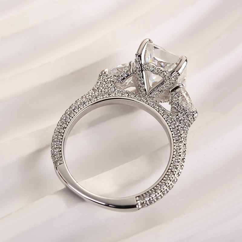 Luxurious Radiant Cut & Heart Cut Three Stone Engagement Ring In Sterling Silver