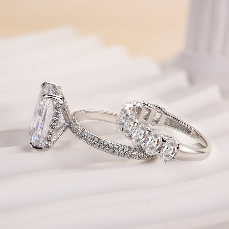 Luxurious 5.0Ct Elongated Radiant Cut Wedding Ring Set Travel Ring with Oval Cut Wedding Band