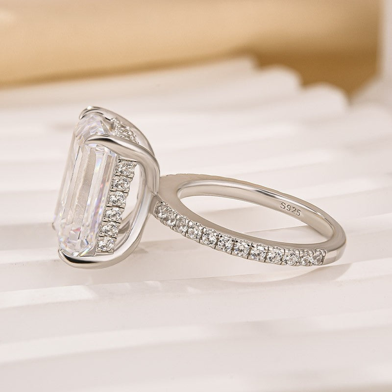 10Ct Emerald Cut Engagement Ring With Hidden Halo In Sterling Silver