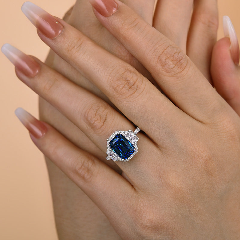 Gorgeous Halo Blue Sapphire Radiant Cut Three Stone Engagement Ring In Sterling Silver