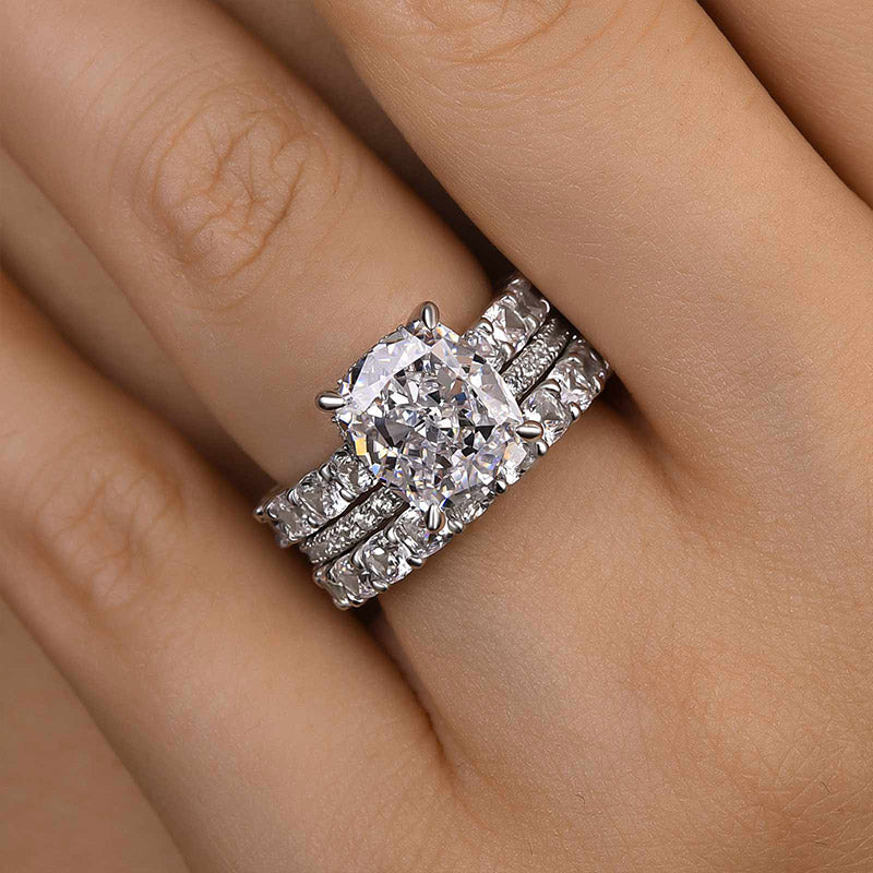 Ahabobo Attractive Crushed Ice Cushion Cut 3PC Wedding Ring Set