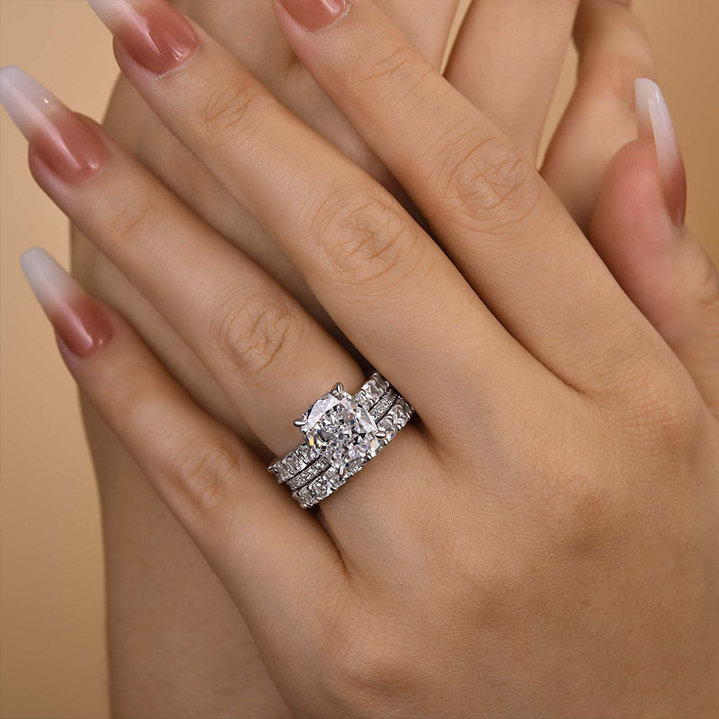 Ahabobo Attractive Crushed Ice Cushion Cut 3PC Wedding Ring Set