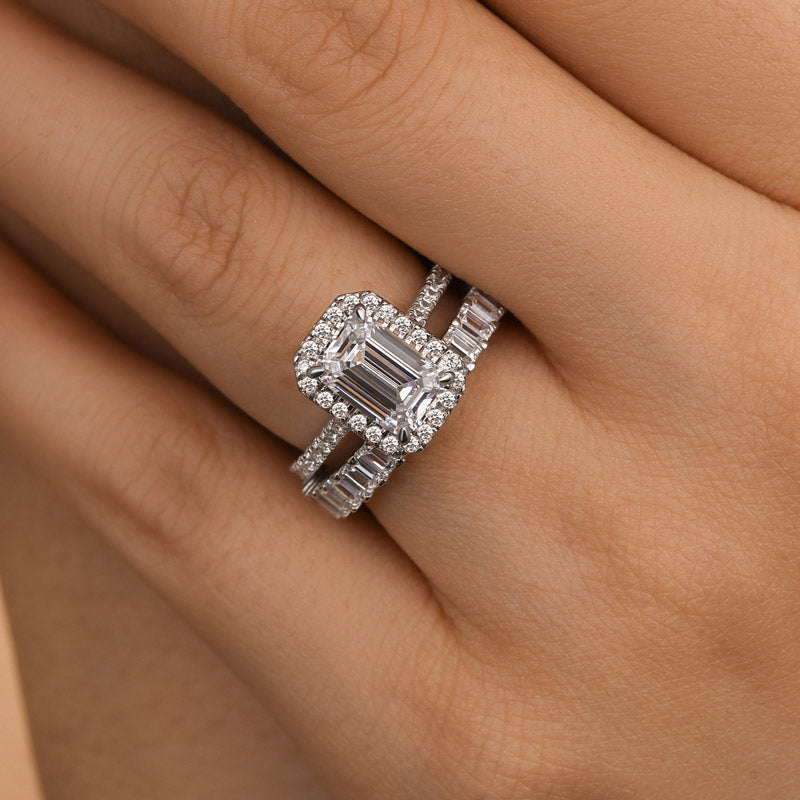 Ahabobo Stunning Halo Emerald Cut Wedding Ring Set