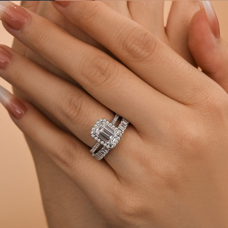Ahabobo Stunning Halo Emerald Cut Wedding Ring Set