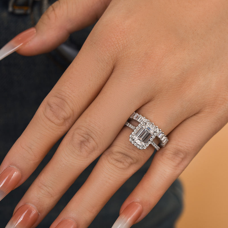 Ahabobo Stunning Halo Emerald Cut Wedding Ring Set