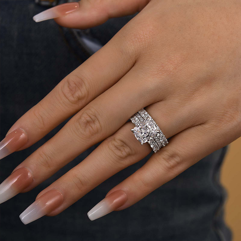 Ahabobo Attractive Crushed Ice Cushion Cut 3PC Wedding Ring Set