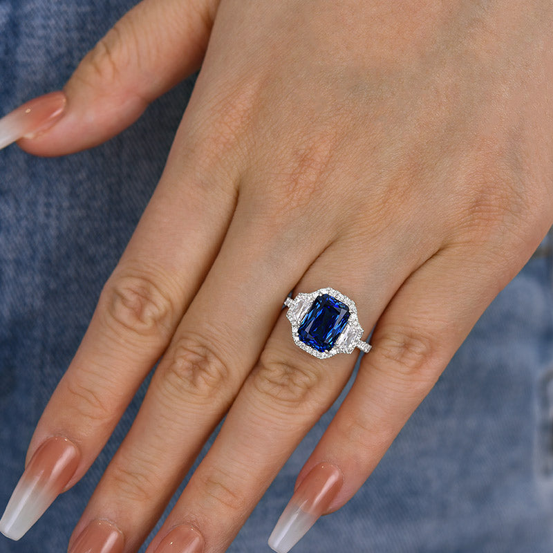 Gorgeous Halo Blue Sapphire Radiant Cut Three Stone Engagement Ring In Sterling Silver