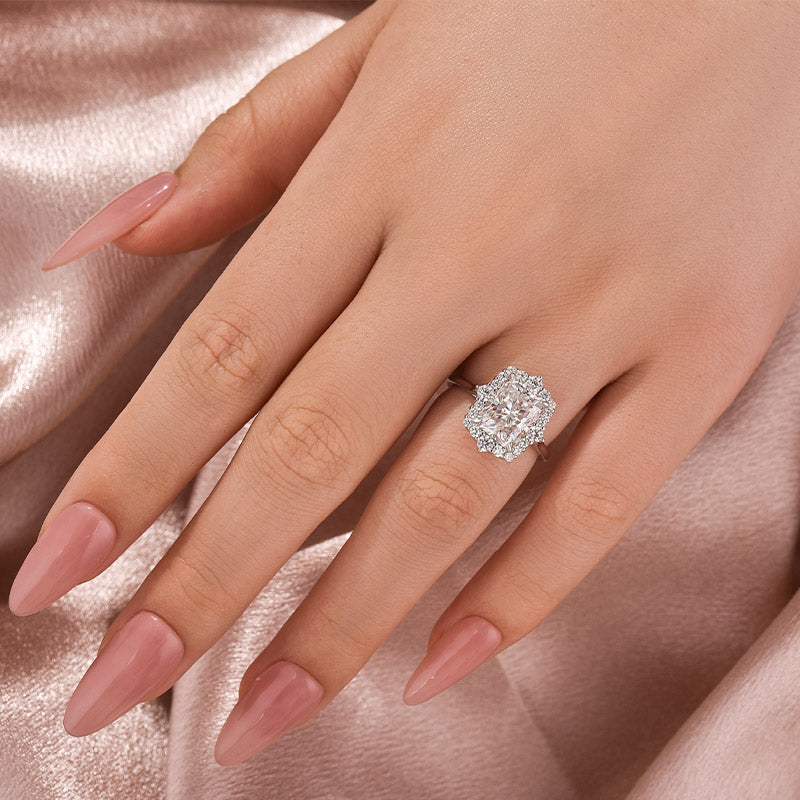 Ahabobo Moissanite Vintage 3.0 Carat Halo Radiant Cut Engagement Ring In Sterling Silver