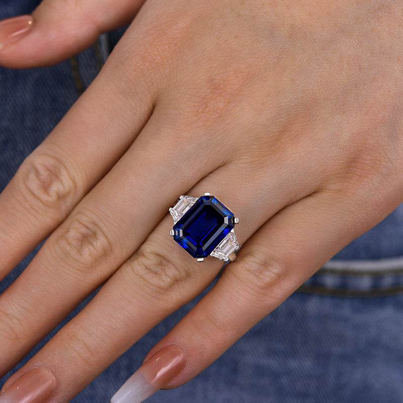 Gorgeous Blue Sapphire 7.5Ct Emerald Cut Three Stone Engagement Ring