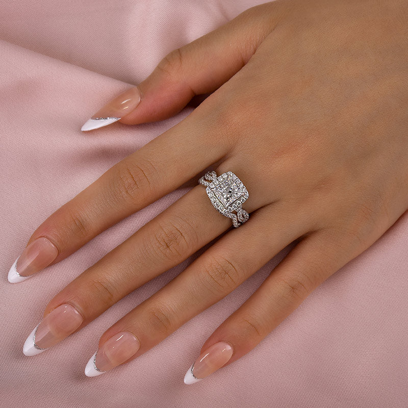 Ahabobo Noble Halo Square Princess Cut Wedding Ring Set