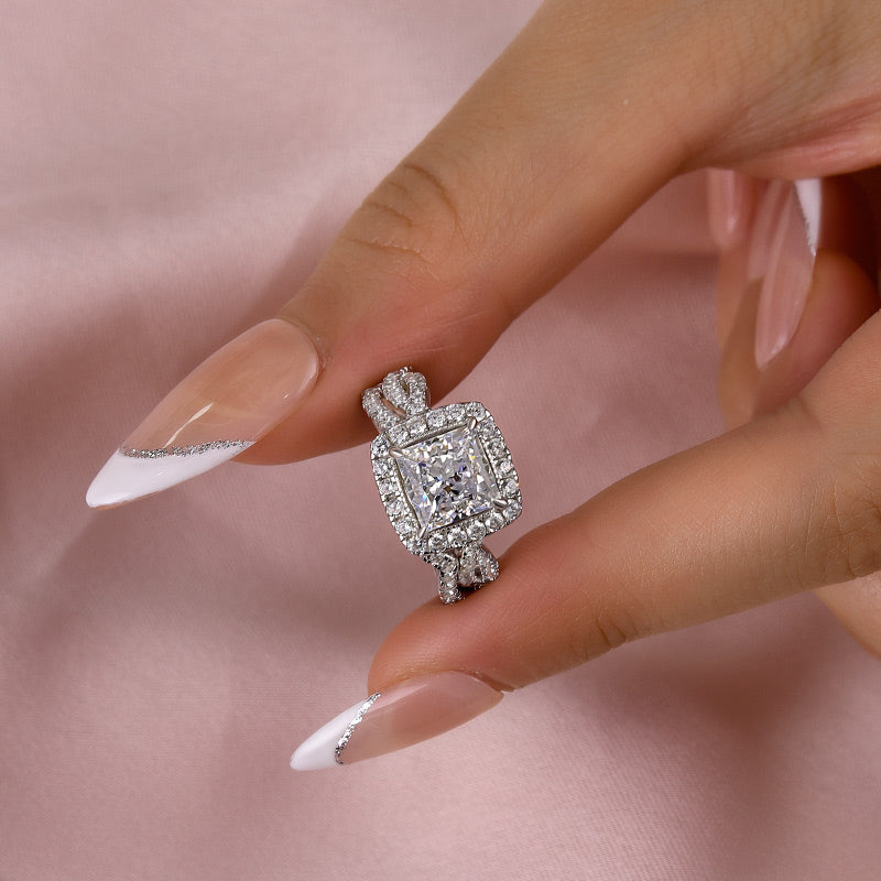 Ahabobo Noble Halo Square Princess Cut Wedding Ring Set