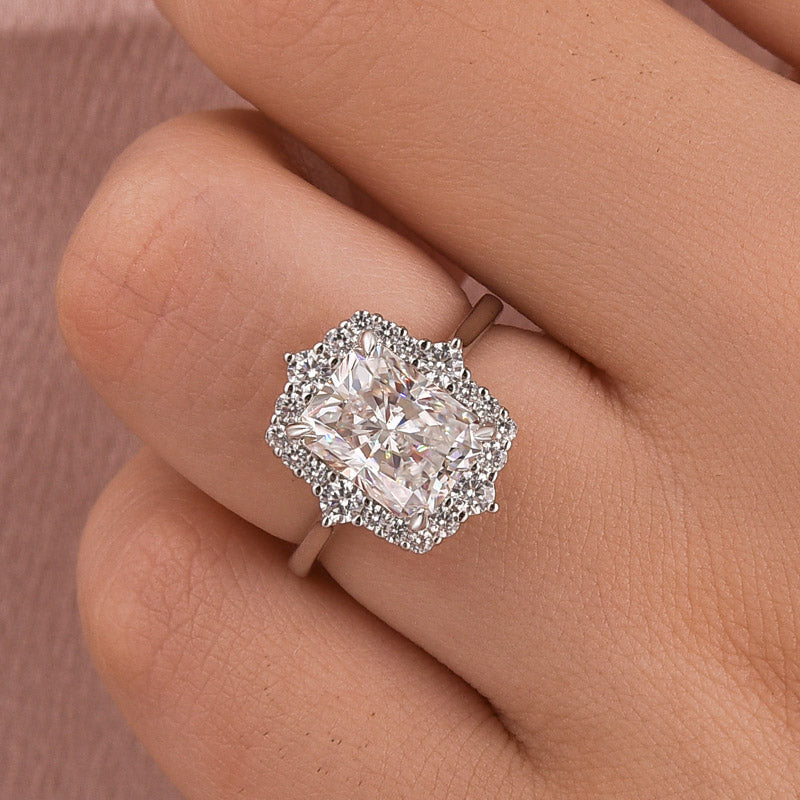 Ahabobo Moissanite Vintage 3.0 Carat Halo Radiant Cut Engagement Ring In Sterling Silver