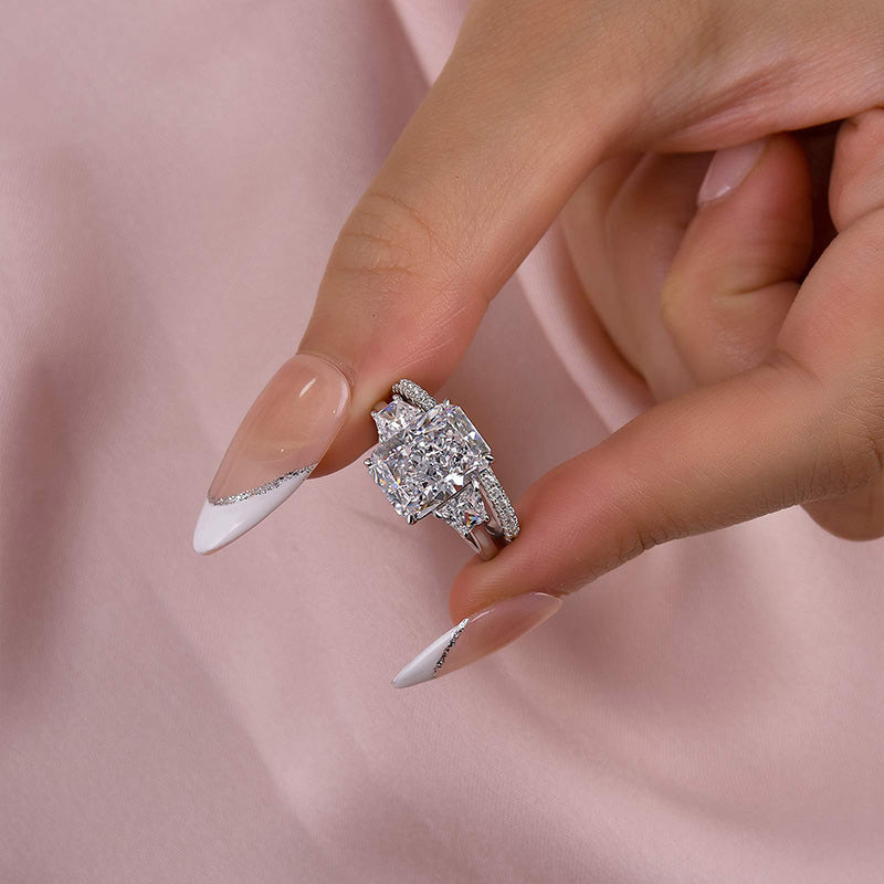 Romantic Three Stone Radiant Cut Wedding Ring Set In Sterling Silver