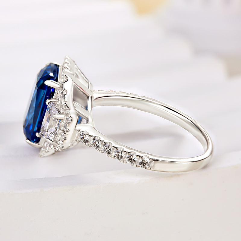 Gorgeous Halo Blue Sapphire Radiant Cut Three Stone Engagement Ring In Sterling Silver