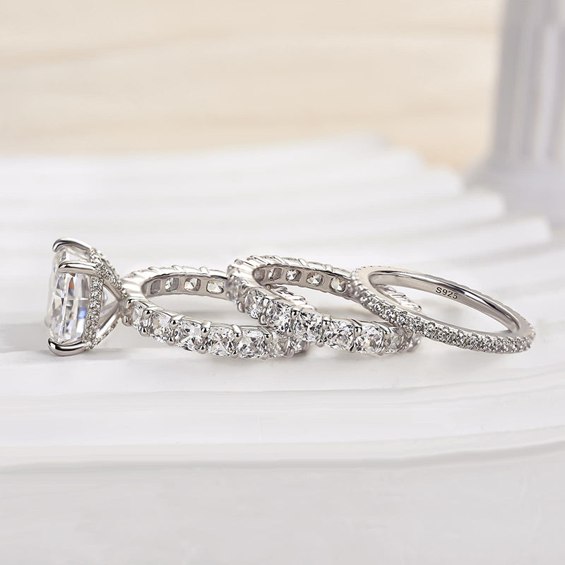 Ahabobo Attractive Crushed Ice Cushion Cut 3PC Wedding Ring Set