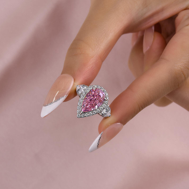 Ahabobo Beautiful Pear Cut Pink Sapphire Three Stone Engagement Ring