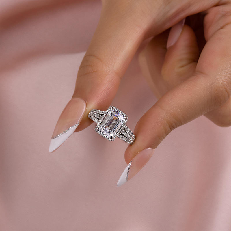 Maxine Exclusive Split Shank Emerald Cut Engagement Ring In Sterling Silver