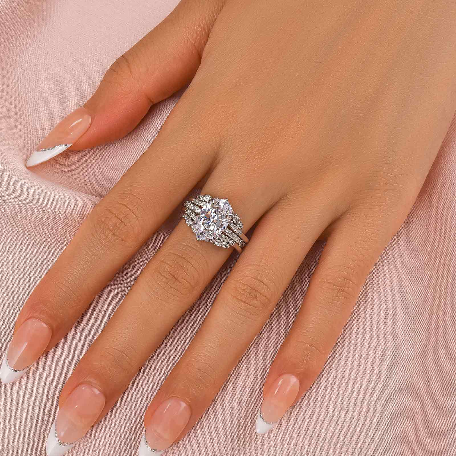 Ahabobo Vintage Oval Cut Insert Wedding Ring Set For Women In Sterling Silver