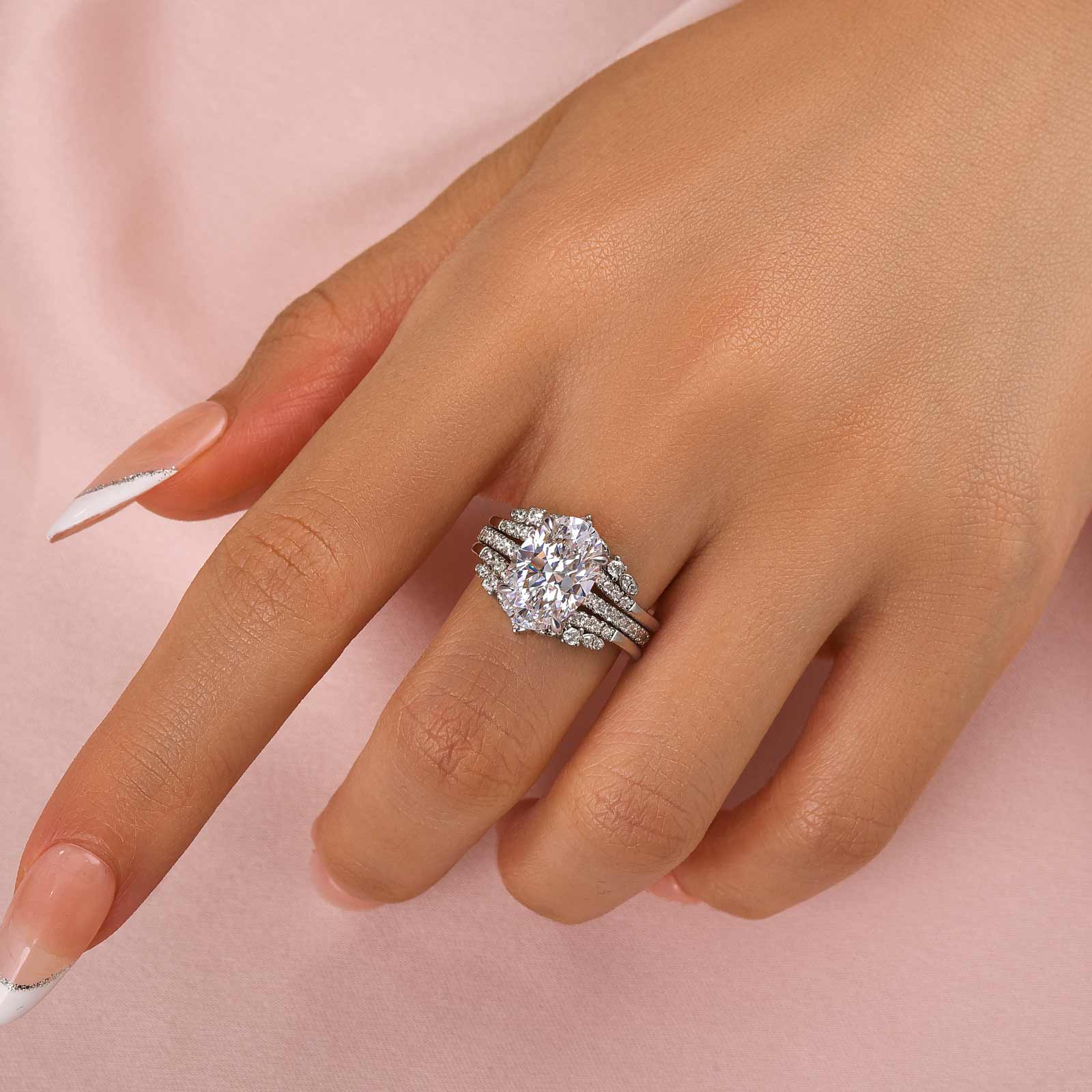 Ahabobo Vintage Oval Cut Insert Wedding Ring Set For Women In Sterling Silver