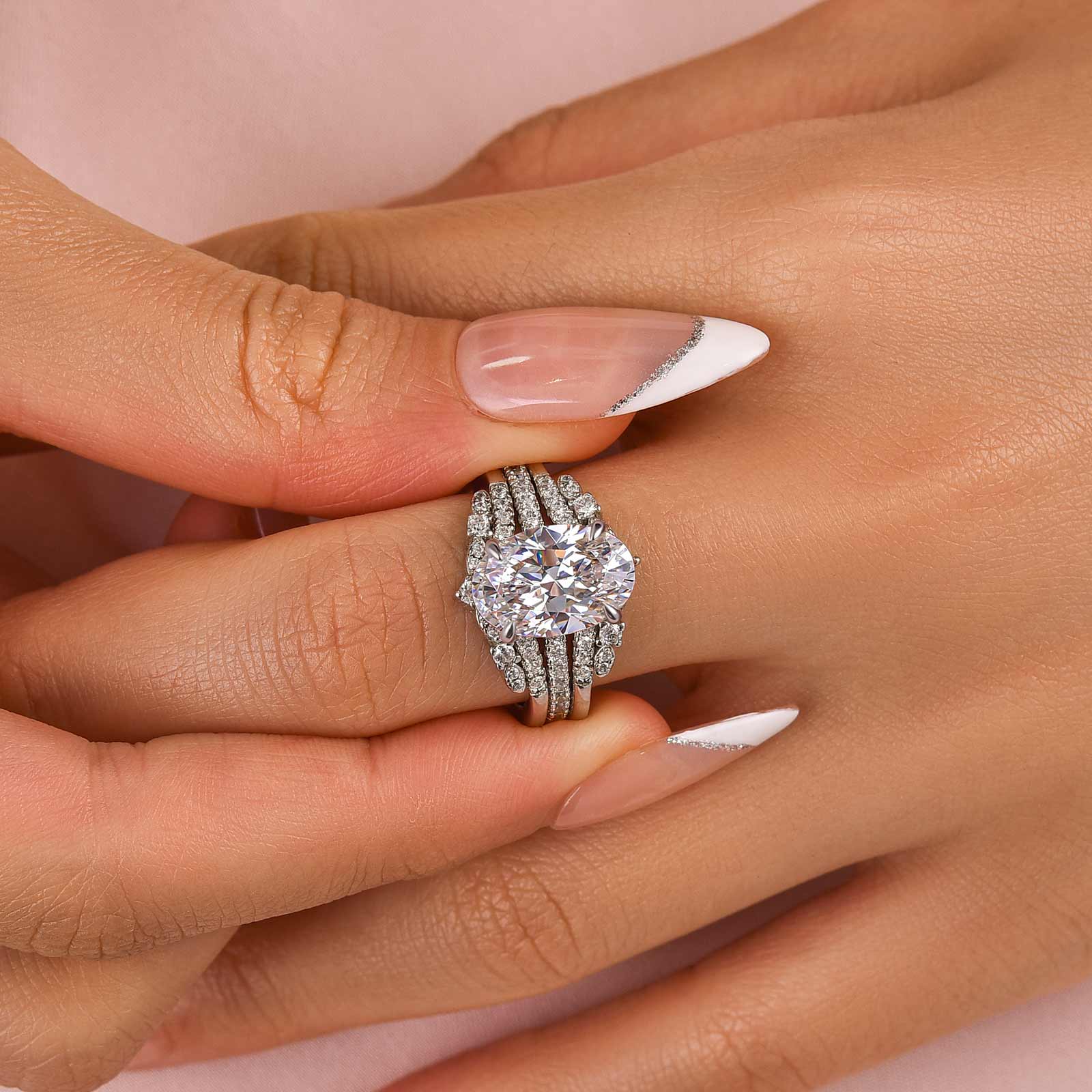 Ahabobo Vintage Oval Cut Insert Wedding Ring Set For Women In Sterling Silver
