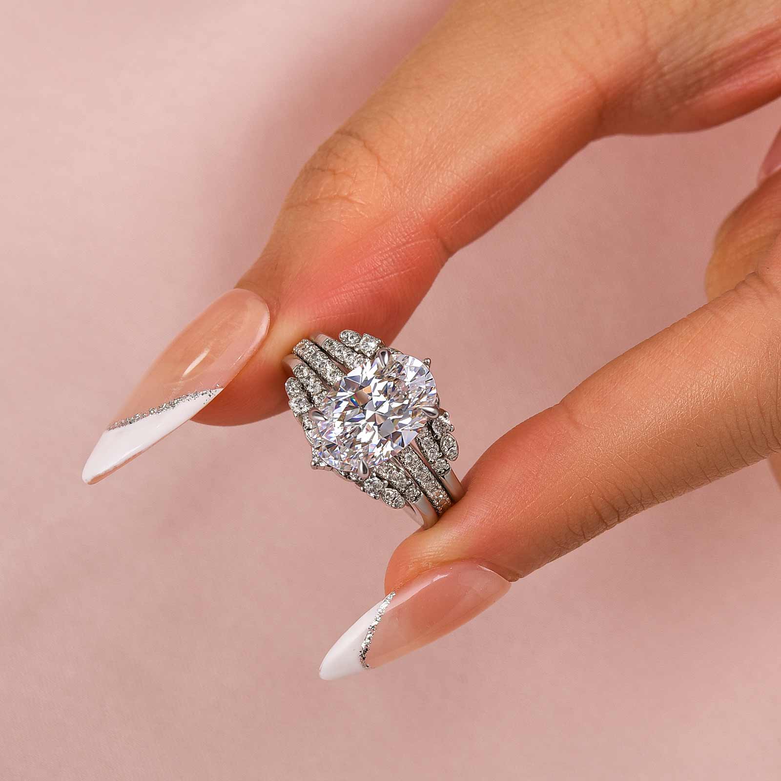 Ahabobo Vintage Oval Cut Insert Wedding Ring Set For Women In Sterling Silver