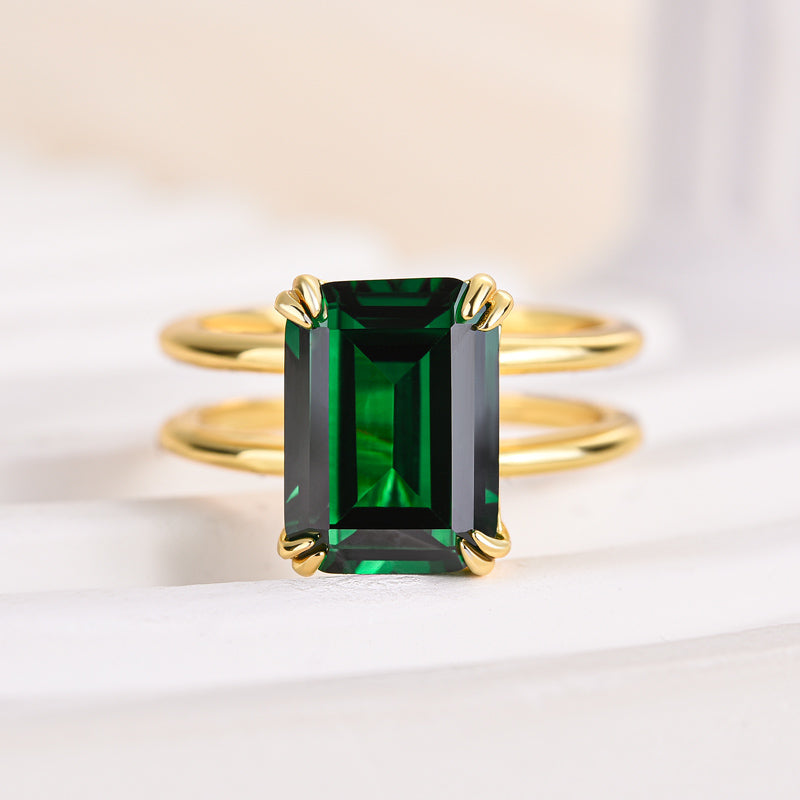 Unique Design Yellow Gold Emerald Cut Engagement Ring In Sterling Silver