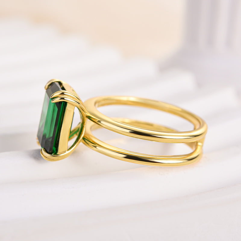 Unique Design Yellow Gold Emerald Cut Engagement Ring In Sterling Silver