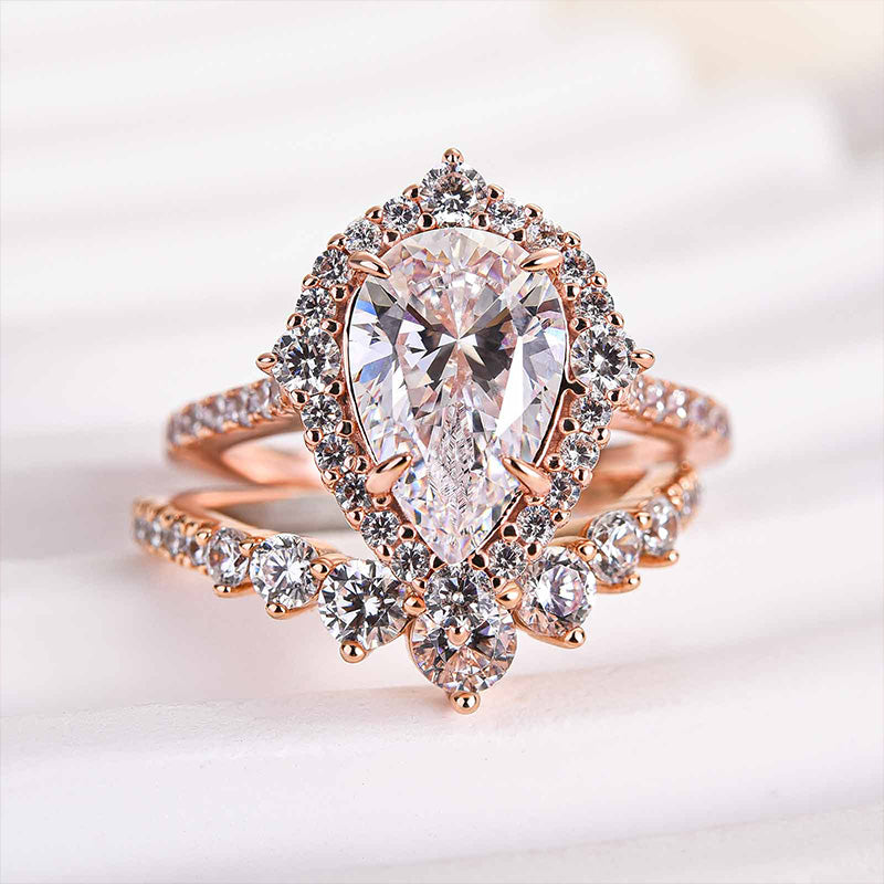 Elegant Rose Gold 2.2 Carat Halo Pear Cut Bridal Ring Set In Sterling Silver