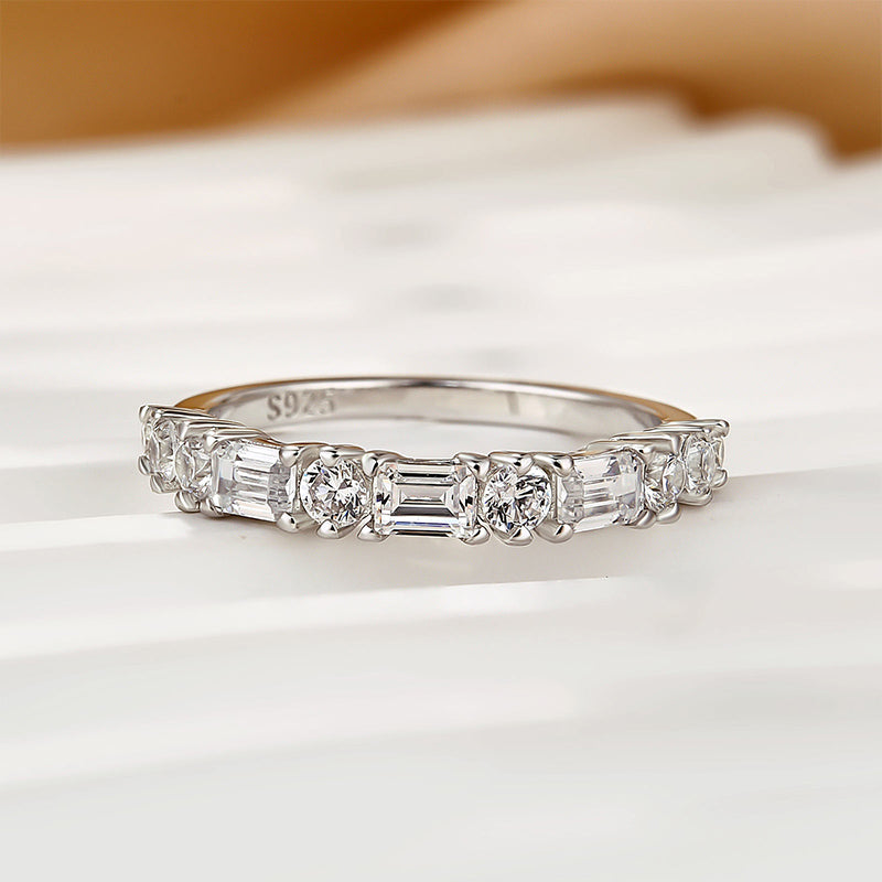 Fashion Yellow Gold Half Emerald & Round Cut Diamond Wedding Band In Sterling Silver