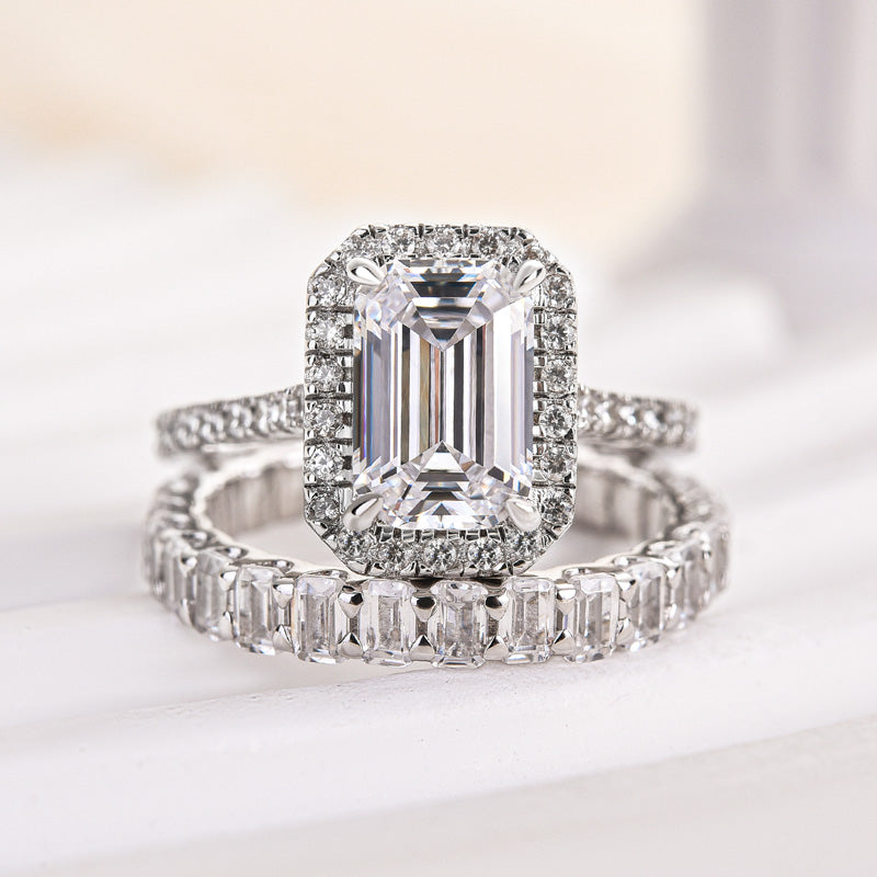 Ahabobo Noble Halo Emerald Cut Wedding Ring Set